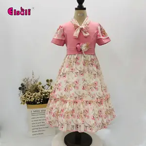 Elsali teen girl dresses girls flower decoration pink short sleeve round neck stitching floral dress to send silk scarf