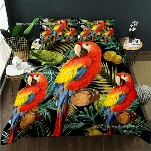 3Dオウムプリント羽毛布団カバー水彩動物の羽ヤシの葉熱帯植物鳥快適なダブルベッド寝具セット