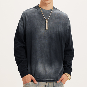 Camiseta de Manga Larga W0018 de 260g, 100% Algodón, Cuello Redondo, Gris Lavado, Estilo Urbano, Holgada, Deportiva, Lavado Ácido - Product Image 1