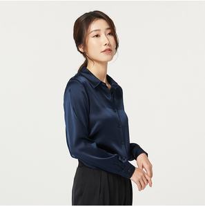 เสื้อเบลาส์ผ้าไหมหม่อนสำหรับผู้หญิงสีทึบแขนยาวผ้าซาตินด้านหน้าดีไซน์เรียบง่ายชุดทำงานสำนักงานแบบลำลอง - Product Image 3