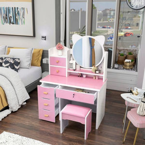 Moderno Juego de <span class=keywords><strong>Tocador</strong></span> Rosa Claro con Espejo LED HD para Dormitorio de <span class=keywords><strong>Niñas</strong></span>, Hotel, Apartamento, Sala de Estar, Nuevo Diseño, Panel de MDF - Product Image 4