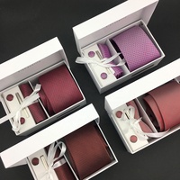 Ensemble de boîte-cadeau à cravate pour hommes, boutons de manchette carrés de poche, pince à cravate, 100% soie Jacquard tissé couleur unie bordeaux