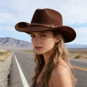 ZhenXi Cowboy Hat M56-58cm Red Solid Color Wool Felt Wide Brim Fashionable Stylish Commute Hat - Product Image 3