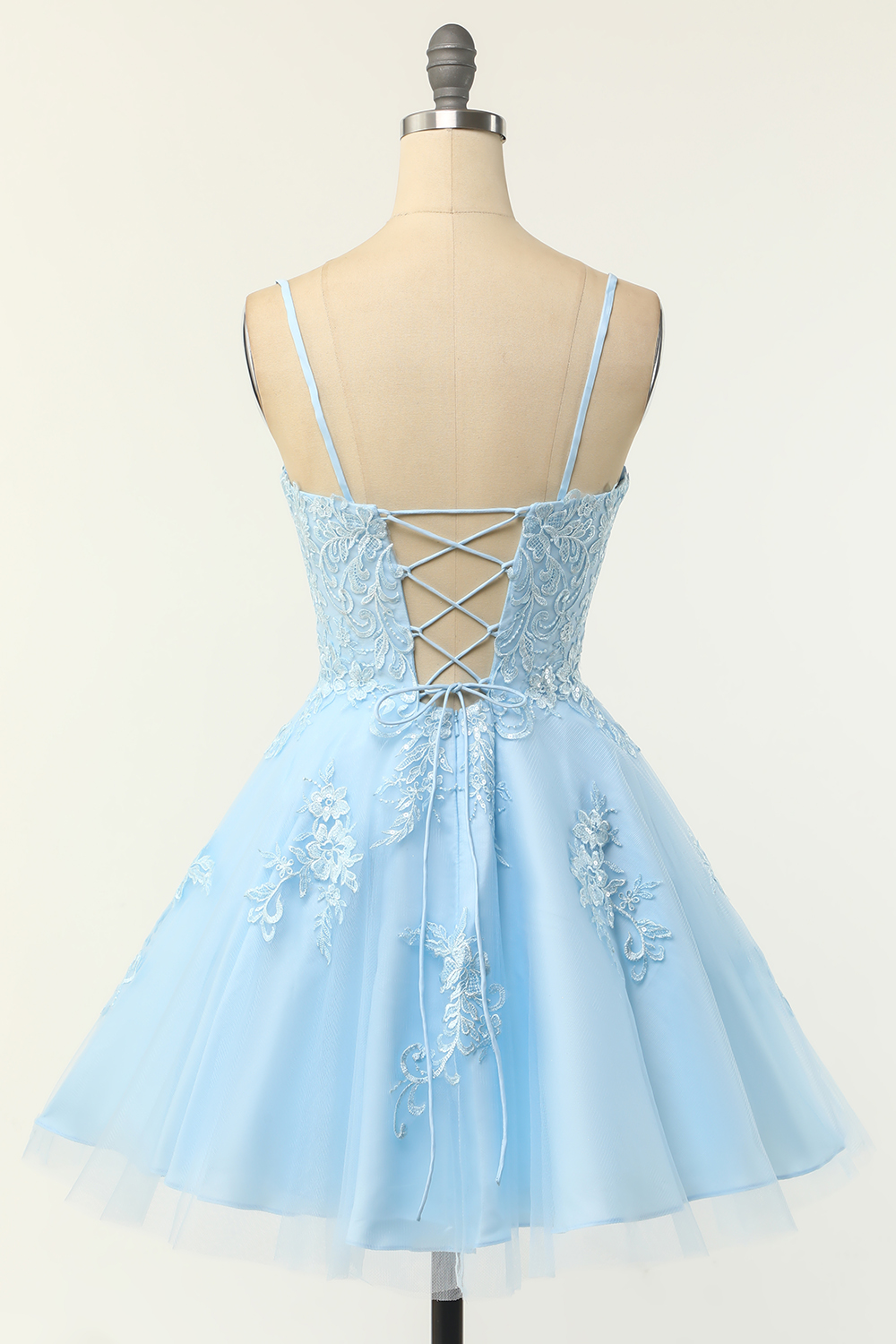 open lace back dress White Blue Floral Homecoming Dress