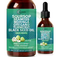 Complément alimentaire en gouttes OEM sous marque privée à base de Corossol, Seamoss, Moringa, Oregano, Curcuma et Huile de Nigelle pour une action antioxydante naturelle chez l'adulte