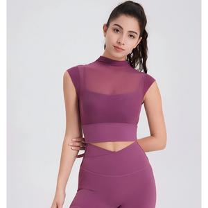 Wholesale Women's Mesh <b>Mock</b> <b>Neck</b> 2 in 1 Yoga <b>Top</b> Built-in Bra Crop <b>Top</b> High Stretch Gym Workout Tee Breathable Pilates Shirt - Product Image 1