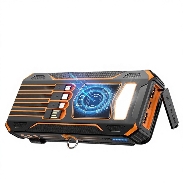 Solar Power Bank 48000mAh Wireless Flashlight Built-in 4 Cables 4 Solar Panels PD QC 3.0 Fast Charging USB-C Waterproof Plastic