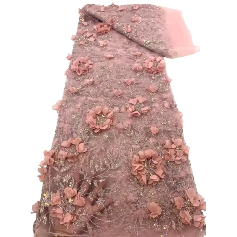 थोक फैशन शादी की पोशाक स्पार्कलिंग सेक्विन 3d फूल कढ़ाई कपड़ा पोशाक जाल धुंध कढ़ाई फीता कपड़े
