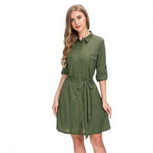 Women's Green Polo Collar Casual Dress Long Sleeve Roll Up Sleeve Button Front <b>Belted</b> <b>Pocket</b> Shirt Dress - Product Image 4