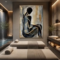 Peinture abstraite personnalisée faite à la main, dorée et noire, minimaliste, représentant une silhouette féminine assise, sur toile acrylique encadrée, pour la décoration de chambre.