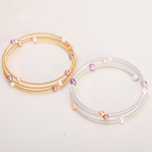 14K <b>Gold</b>-Plated Freshwater Pearl Three-Layer <b>Bracelet</b> Adjustable Mixed Color 5-6mm Elastic <b>Beaded</b> Fashion Jewelry - Product Image 1