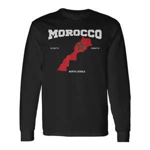 Camiseta de manga larga con coordenadas del mapa de la bandera de Marruecos, diseño del norte de África - Product Image 1