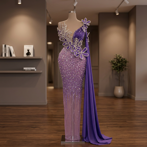 Robe de soirée longue chic en satin, coupe ajustée, style vintage, avec volants, motif cristal, écologique, antistatique, pour bal de promo - Product Image 3