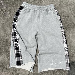 High Quality 100% Cotton Plaid Splicing Oversized <b>Shorts</b> De Hombre Custom Printed Streetwear Baggy <b>3</b>/<b>4</b> Long Sweat <b>Shorts</b> Men - Product Image 2