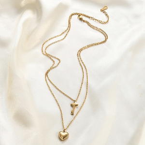 Collier chaîne de clavicule en acier inoxydable avec pendentif double cœur et clé, style européen et américain, couleur or et argent, cadeau quotidien - Product Image 3