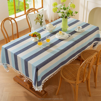 Nappe à rayures rectangle, nappe d'extérieur vichy en lin et coton avec pompon, couverture de table lavable sans plis pour la salle à manger