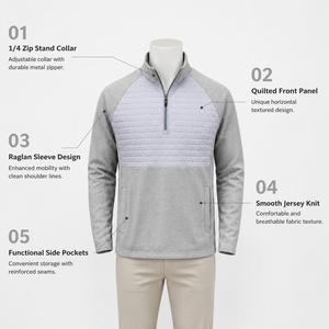 Men Premium Heather Gray Quarter Zip Stand Pullover <b>Sweatshirt</b> <b>Quilted</b> Chest Panel Raglan Sleeves Professional Autumn Activewear - Product Image 4
