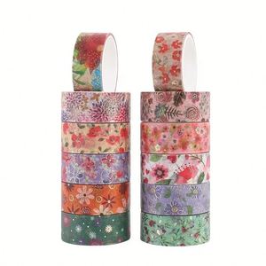 Juego de 12 Rollos de Cinta Decorativa Washi con Estampado Dorado, Diseño Floral Colorido, 15 mm de Ancho, 2 Metros de Largo, para Manualidades, Scrapbooking y Decoración - Product Image 4