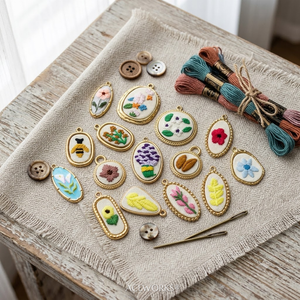 Galerie de breloques brodées |   Pendentif brodé de fleurs en acier inoxydable plaqué or 18 carats, étanche, hypoallergénique, résistant au ternissement - Product Image 2