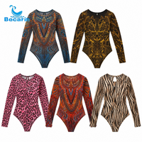 Maillot de bain une pièce sexy à manches longues pour femme, protection solaire, coupe ajustée, imprimé tribal animal léopard zèbre, monokini