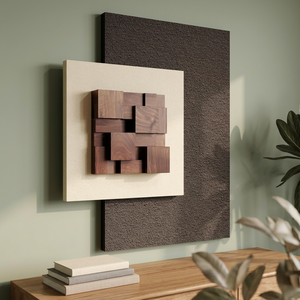 Art mural 3D texturé en bois, grand portrait neutre, impression moderne beige et marron sur métal - Product Image 3