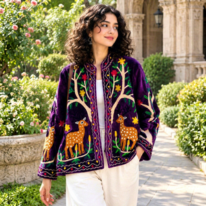 Unique Artistic Touch <b>Velvet</b> Jacket Rich Purple Floral Deer Embroidery Handmade Boho Winter <b>Coat</b> Stylish Modern Look Blazer - Product Image 1
