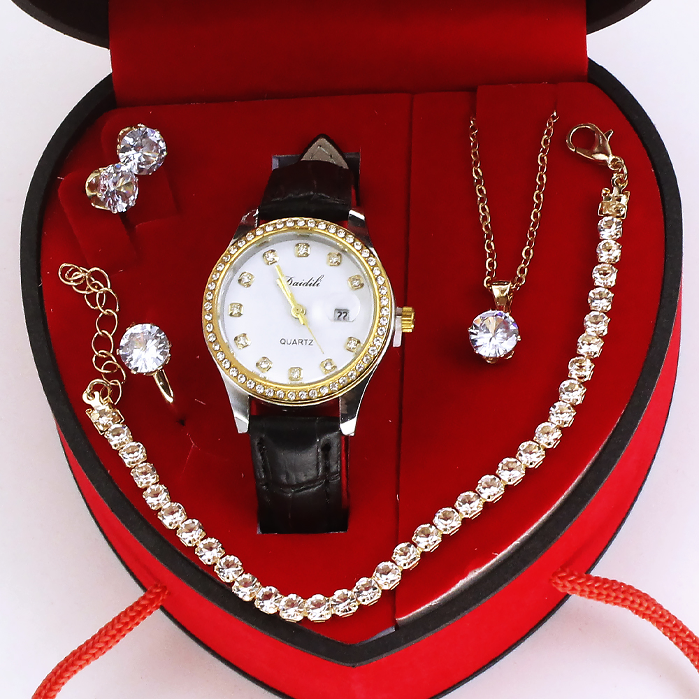 Orologio con cinturino nero e quadrante bianco + gioielli