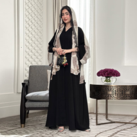 Ensemble Abaya Élégant Musulman Ouvert sur le Devant Longueur Cheville avec Robe Extérieure à Bordure Dentelle et Foulard Hijab Imprimé – Abaya Modeste de Dubaï pour l'Aïd au Moyen-Orient