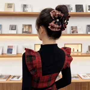 Clip para la parte posterior de la cabeza con forma de lazo a cuadros retro de estilo británico - clip con forma de tiburón-qiyu - Product Image 3