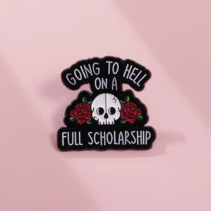 Impresión tipográfica personalizada Going Hell Full Scholarship Hell Broche de metal con diseño de esqueleto y rosa, distintivo de metal con diseño de autodepreciación, embalaje para libros - Product Image 1