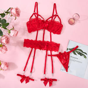 女性用4ピースエロランジェリーセットレースファンシーブラボウタイ魅惑的なひもセックスパジャマとガーターレディースセクシーな下着 - Product Image 2