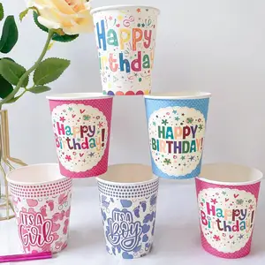 Atacado 9oz/250ml Descartável Birthday Party Supplies Eco-friendly Paper Cup OEM Festival Decoração Plástico com Tampa 10pcs