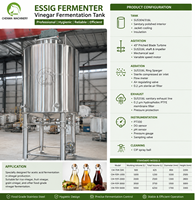 Cuve de fermentation en acier inoxydable de 1500 L pour la production de vinaigre alimentaire avec agitation par aération et système CIP