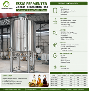 1500L Edelstahl Essigsäure-Fermentationstank für Lebensmittelgeeignete Essigproduktion mit Belüftung, Rührwerk und CIP-System - Product Image 1