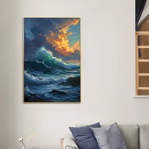 Guanjun 40*60cm Blue wave Oil painting wall Sea wave art works Home landscape decoration printing L frame painting