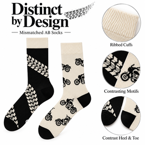 Chaussettes mi-mollet asymétriques style AB, imprimé moto et <span class=keywords><strong>pneu</strong></span>, deux motifs différents, tricotées, conception personnalisée OEM - Product Image 3