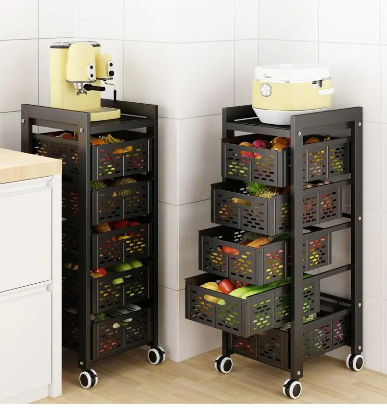 Floor 3 4 5 Tier Iron Metal Shelves Cabinet Stand Trolley Rotating Kitchen Storage Baskets Fruits And Vegetable Rack