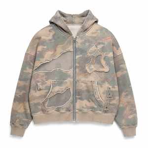Sudadera con capucha y cremallera de algodón 100% French Terry con logo personalizado, lavado ácido, camuflaje, corte holgado y estilo urbano para hombre. - Product Image 1