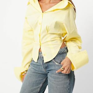 Blusa Corta de Alta Calidad Personalizada con Cinturón, de Popelina de Algodón para Mujer, con Botones en los Puños - Product Image 4