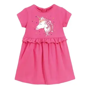 Pink Skirt Cute Pattern Girls' Dresses Crew Neck Sequined Wholesale Price Children's Girl Summer Short Sleeve Customized Logo