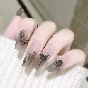 Faux ongles à presser carrés en ABS, motif écossais foncé, forme trapèze longue, finition givrée rose, pour salon de manucure - Product Image 2