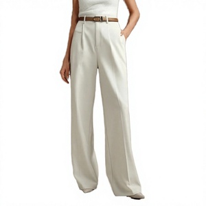 Pantalon droit taille haute pour femme en tissu peigné anti-boulochage, coupe décontractée ample, longueur pleine, devant plat, fermeture éclair, blanc minimaliste - Product Image 3