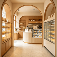 Aménagement de magasin de vente au détail axé sur le design pour café moderne avec vitrine de boulangerie et comptoir de bar à café pour livraison mondiale