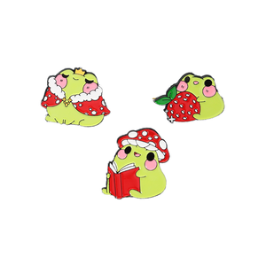 Broches en émail dur mignonnes et kawaii : grenouille, couronne royale, fraise, champignon, lecture – Cadeau idéal pour les amateurs de grenouilles - Product Image 1