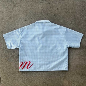 <strong>Shirts</strong> Manufacturer Streetwear Summer Short Sleeve Screen Printing Over Size Zip up Collar Stripe <strong>Boxy</strong> Cropped <strong>Shirts</strong> for Men - Product Image 2