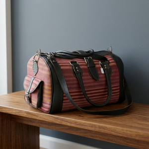 Striped Textile Luxury Duffel Bag with Black Leather Trim Zipper Closure Large Capacity Travel Weekender - Product Image 3