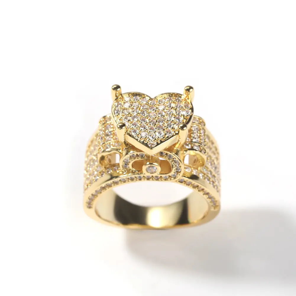 New Gold Silver Color CZ Heart Ring Full Iced Out Bling Cubic Zircon Hearts Ring Hip Hop Punk Men Women Jewelry