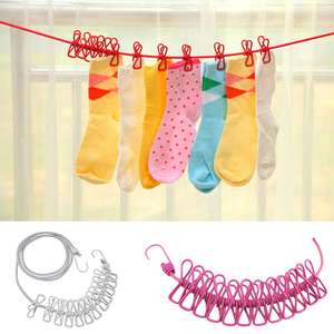 Corde à linge rétractable portable en fer à fixer au mur, coupe-vent, avec 12 pinces, pour voyage, vente en gros - Product Image 2