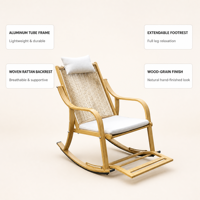 Fauteuil à bascule d'extérieur moderne, en alliage d'aluminium imitation bois fait main, avec repose-pieds extensible, idéal pour le bord de la piscine, la véranda ou le jardin.