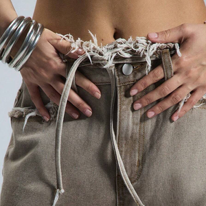 Pantalones vaqueros de mezclilla de mujer al por mayor, de cintura baja, con degradado, flecos sin rematar, cintura con cordón, pierna recta hasta el suelo, holgados y de pierna ancha - Product Image 3